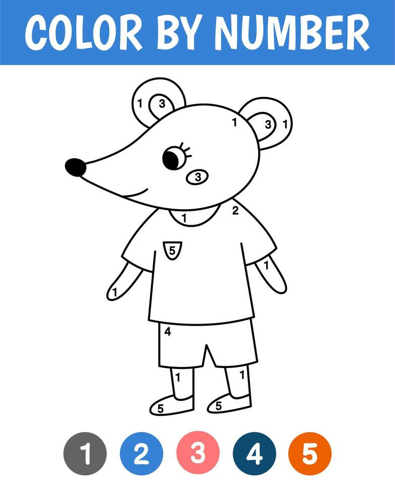 Color by number game for kids. Cute mouse. Animal coloring book. Printable worksheet with solution for school and preschool. Learning numbers activity. vector