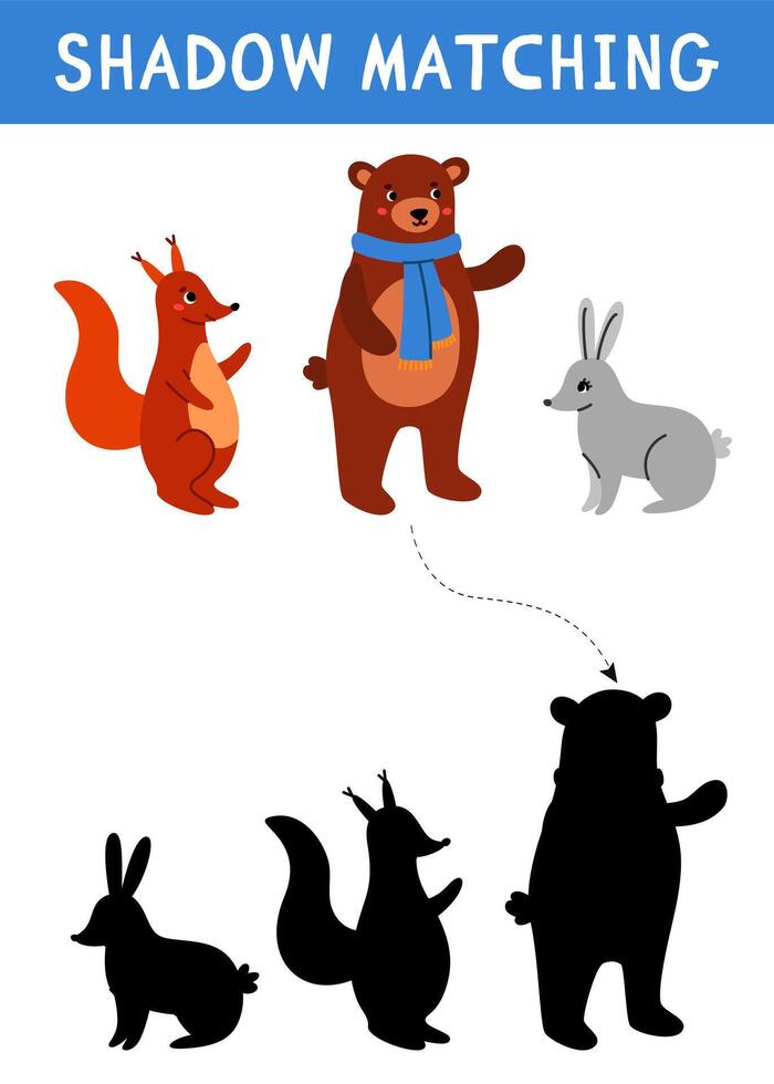 Animal shadow matching activity for children. Cute puzzle with bear, squirrel and rabbit. Educational game for kids. Find the correct silhouette printable worksheet. vector