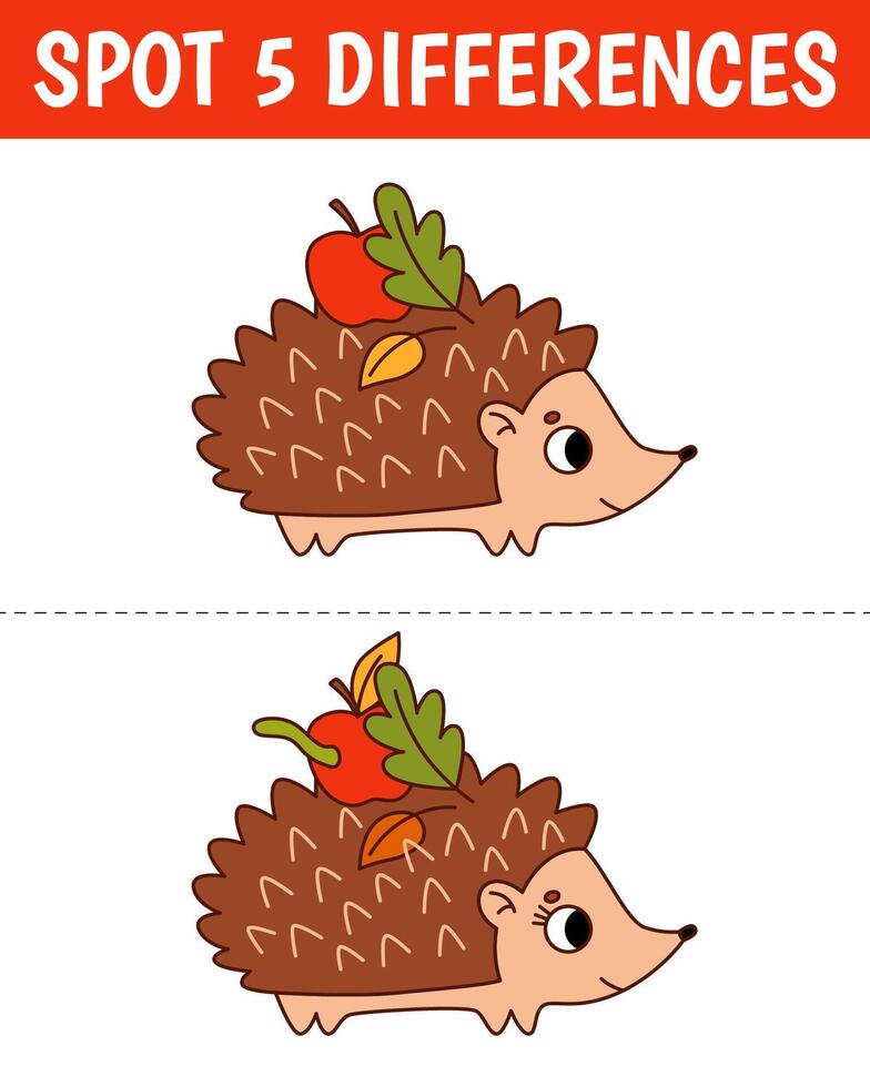 Cute hedgehog in cartoon style. Find 5 differences. Educational matching animal game for children. Printable worksheet with solution for school and preschool. vector