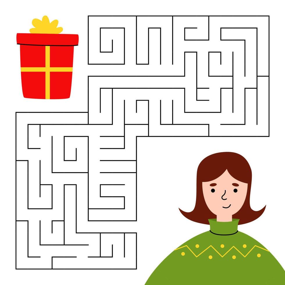 Christmas maze game for kids. Cute girl looking for a way to the gift. Printable worksheet with solution for school and preschool. vector