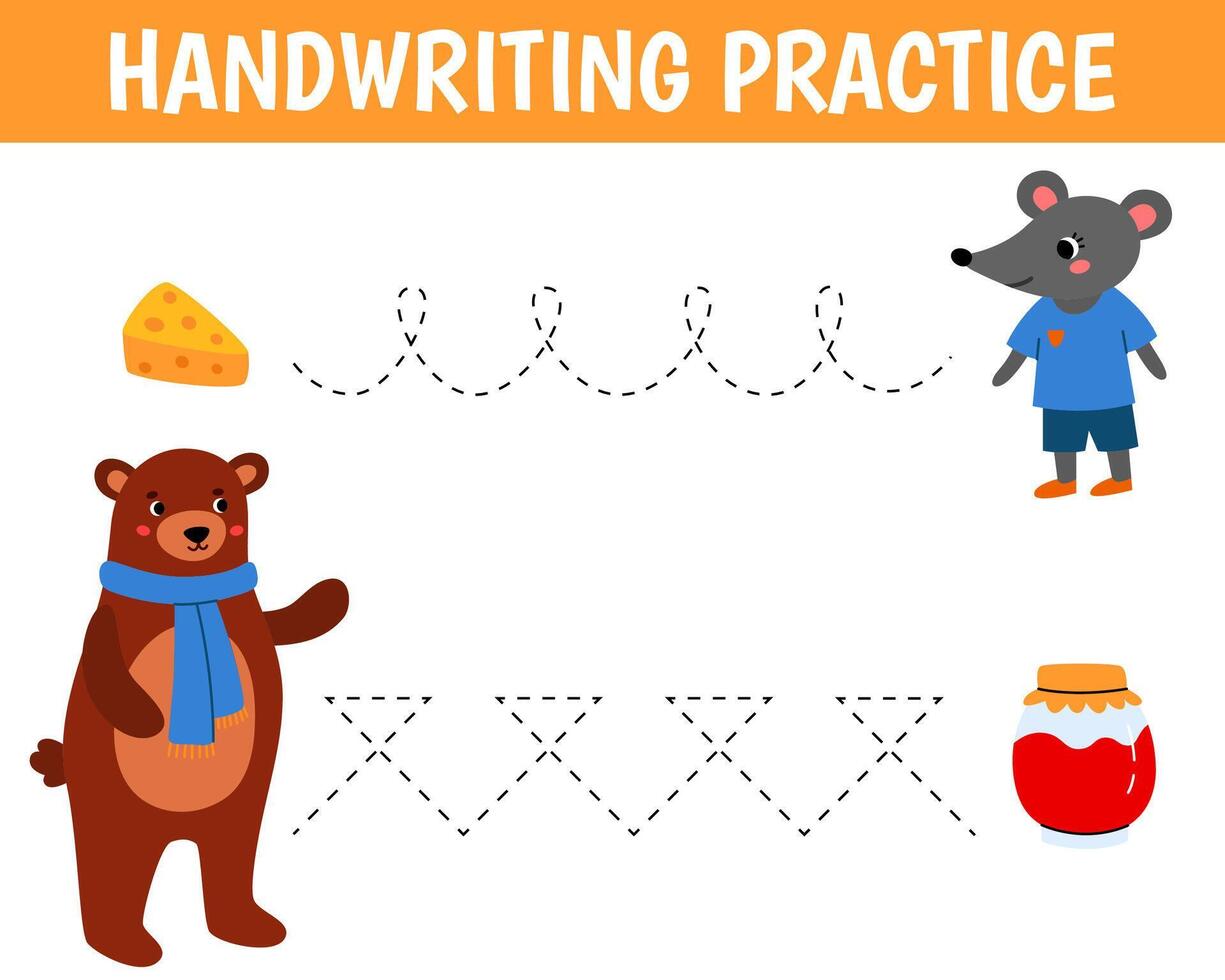 Worksheet for practicing fine kids motor skills. Handwriting practice. Educational game for kids. Insects. Bear and mouse. vector