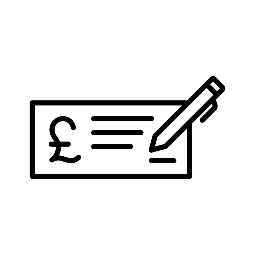 Money check with pound sign, cheque instrument with pound sterling currency symbol icon in line style design isolated on white background. Editable stroke. vector