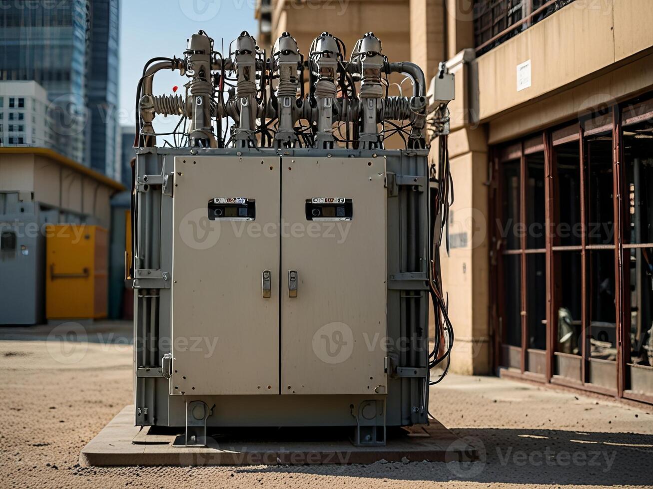 A transformer at an electrical substation. Transmission of electricity. photo