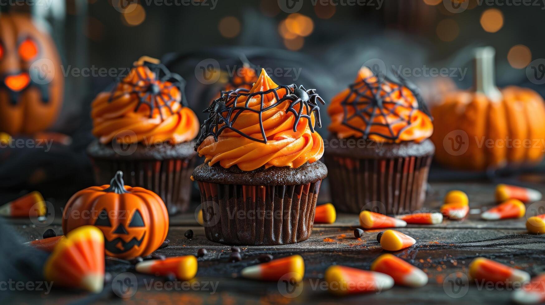 Halloween chocolate cupcakes with orange frosting and black spider web decorations, surrounded by candy corn. photo