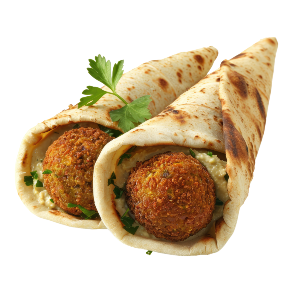 Crispy Falafel balls wrapped in pita bread isolated on transparent background png