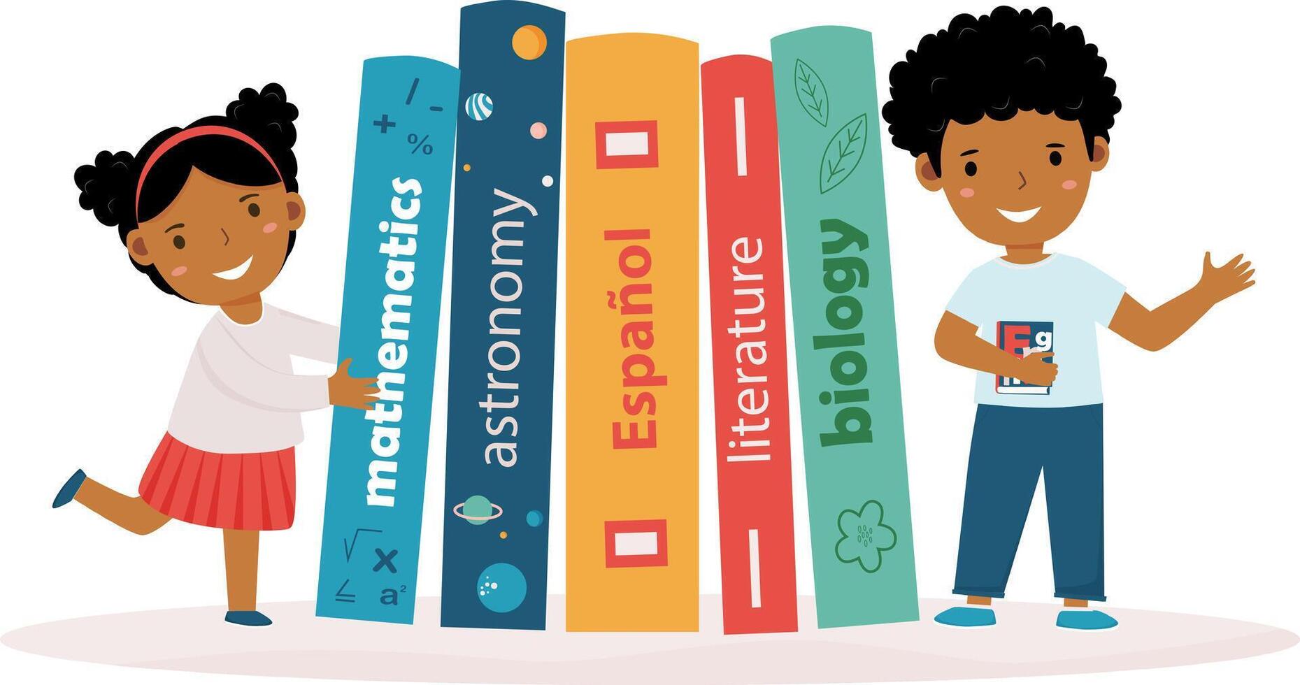 African american boy and girl stand beside textbooks. Returning to school and education. Cartoon characters. Ideal for educational posters flyers or templates. Illustration on white background vector