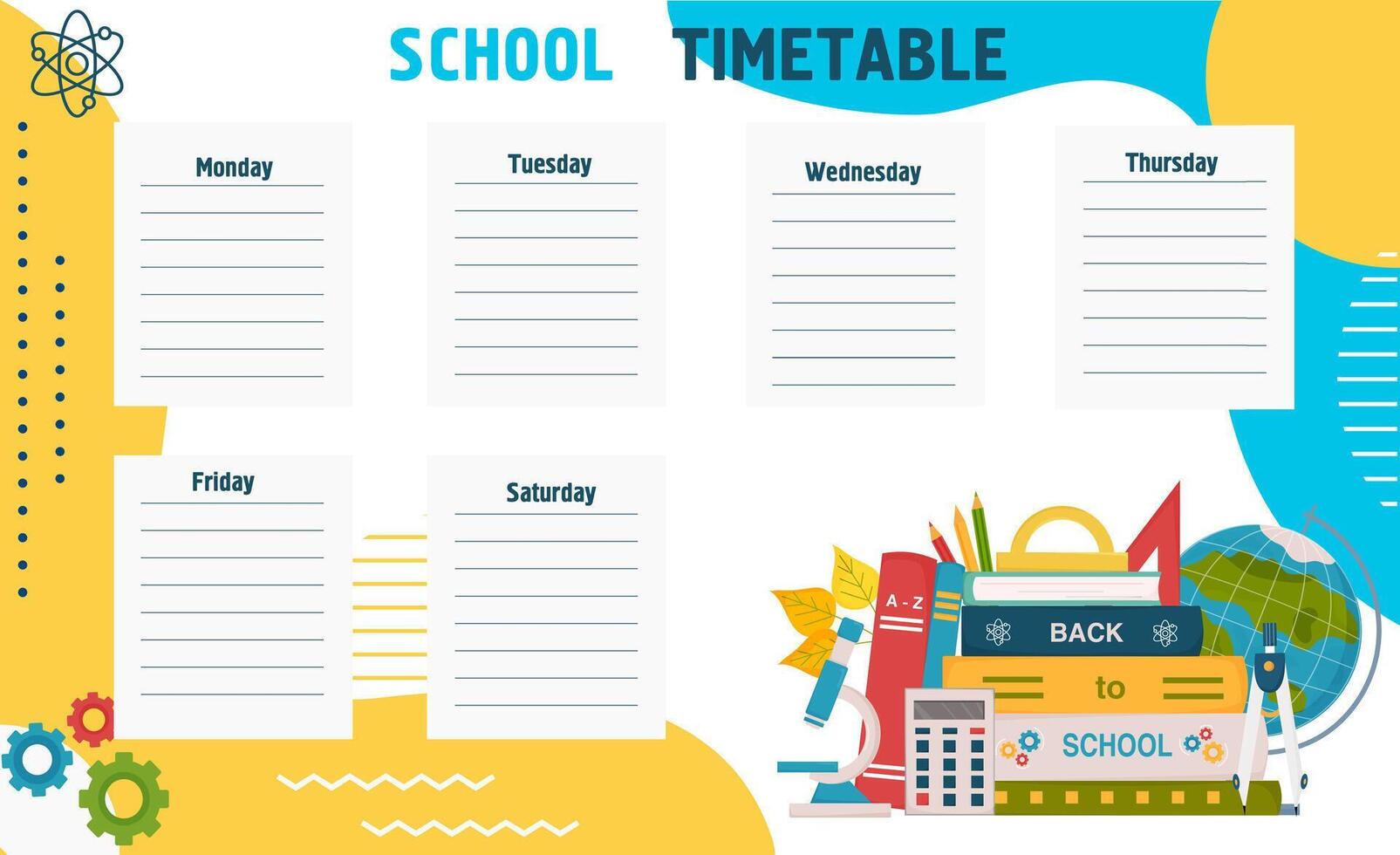 School schedule. Classroom timetable. Educational plan notes. Academic planner, class table. Child academic template. Weekly paper organizer. vector