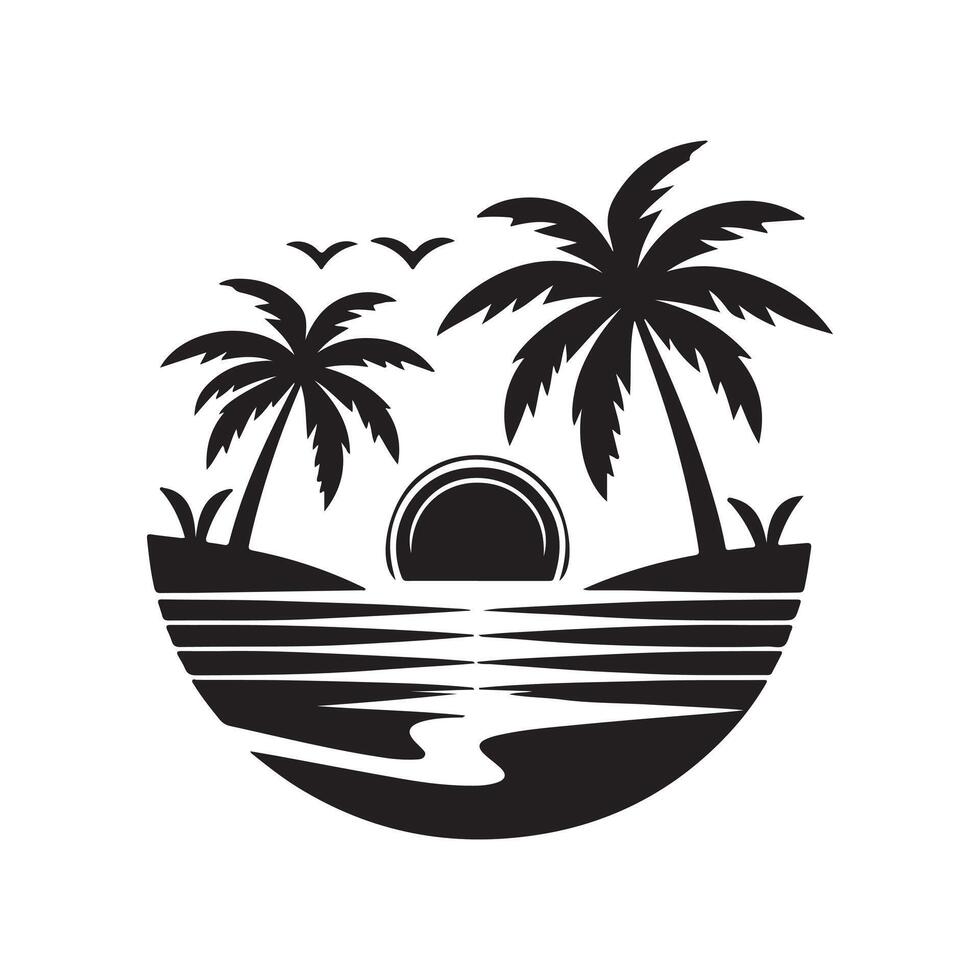 tropical sunset with palm trees and waves vector