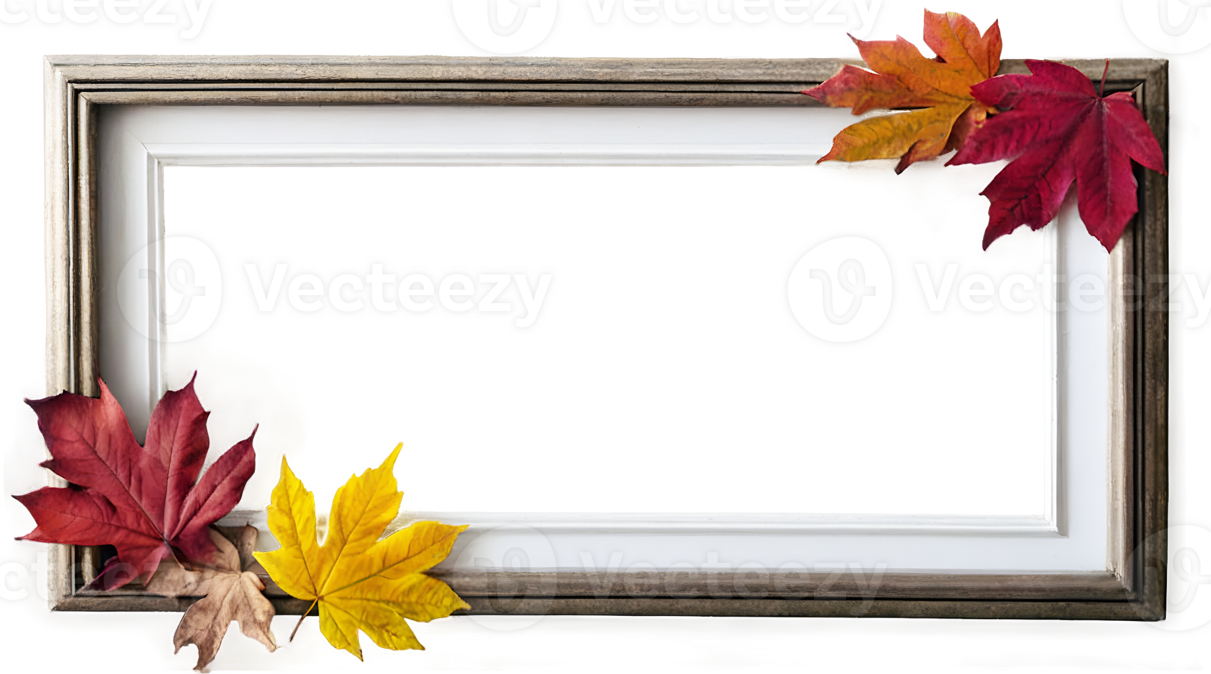 Wooden photo frame withe Autumn coloured leaves isolated on transparent background png