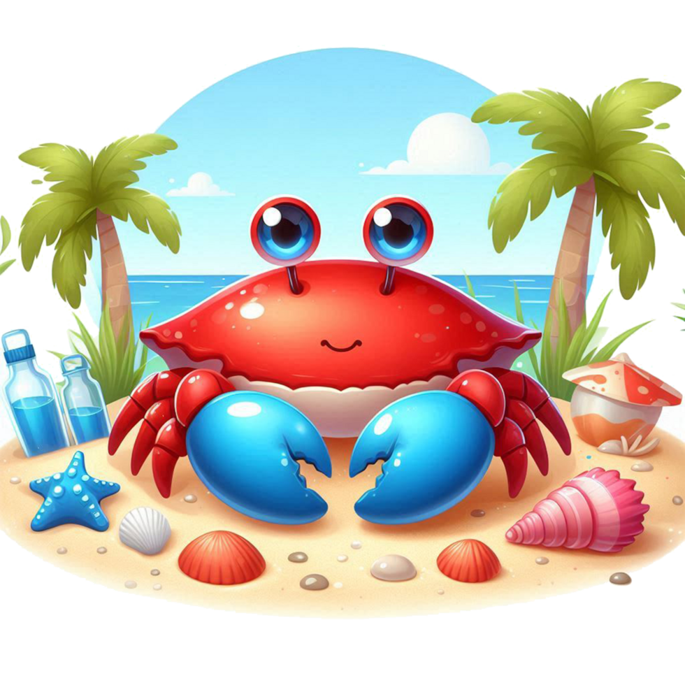 cartoon crab on the beach with shells and sea shells png