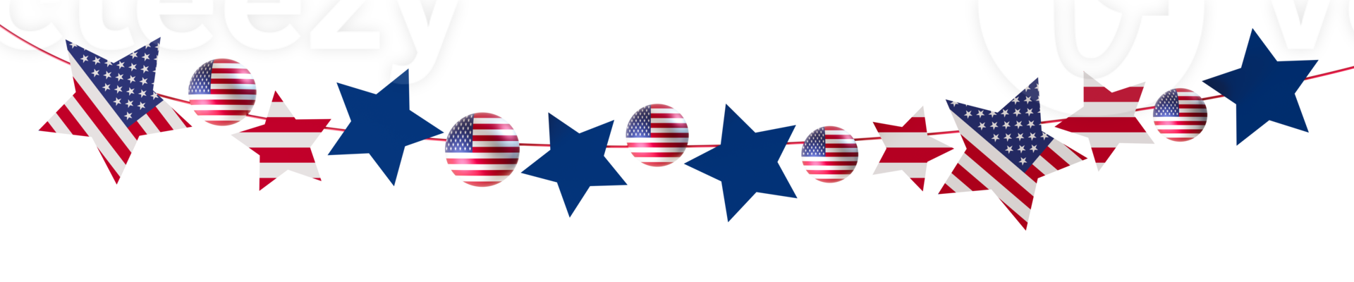 Festive garland made of stars and spheres adorned with the American flag, on transparent background. Perfect as header or footer in patriotic themes, events. USA flag. Divider. 3D render. png