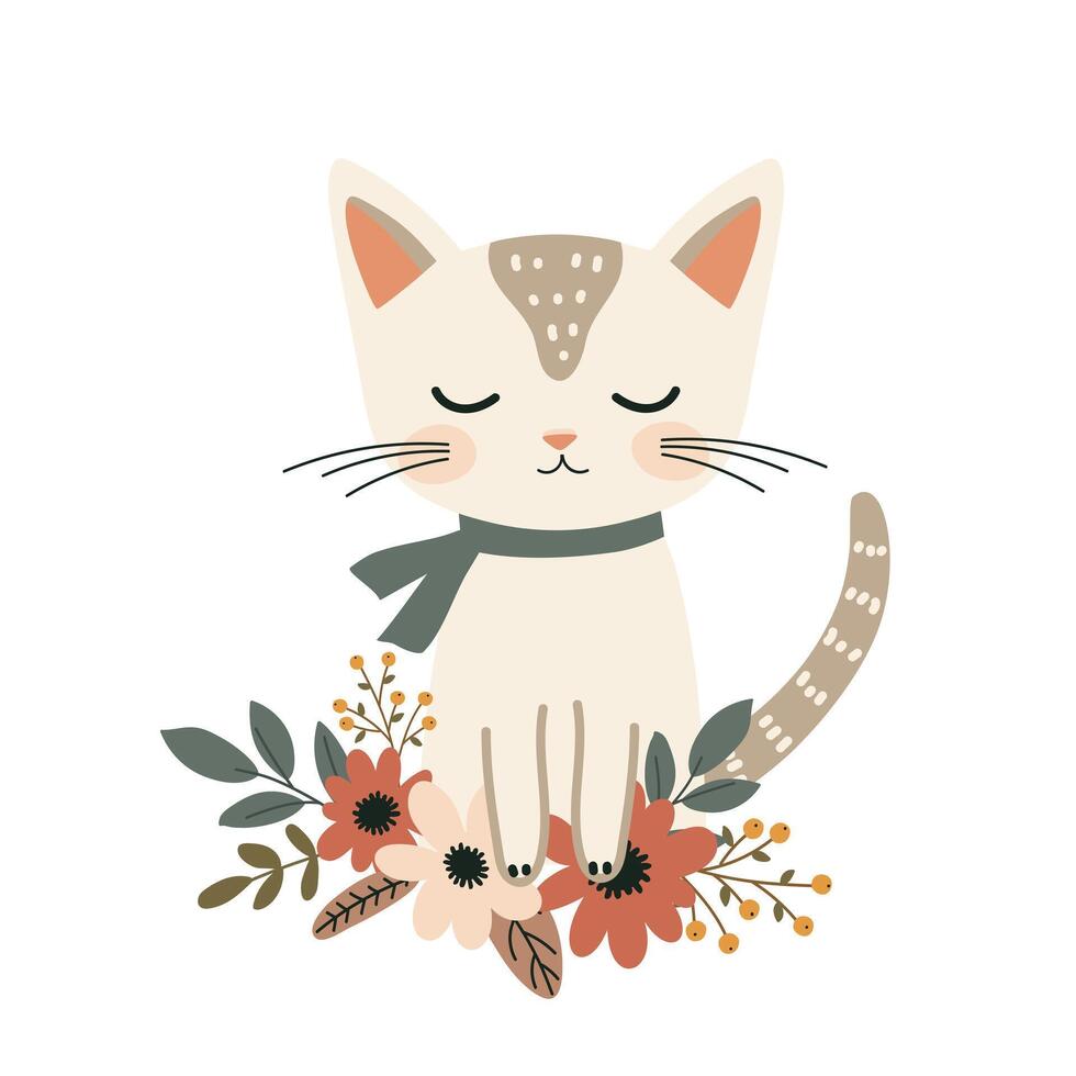 Cute cartoon cat sitting on flowers background. illustration in flat style. vector