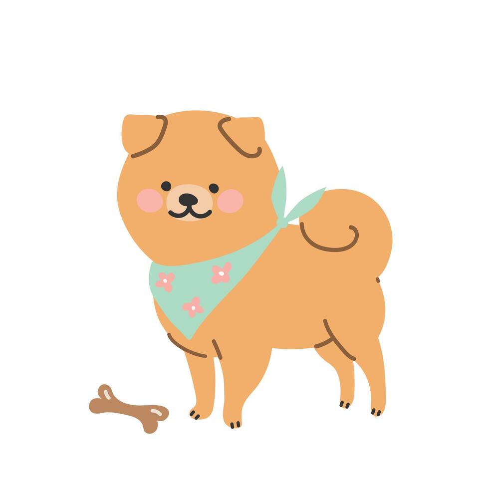 Cute cartoon spitz with a bandana on his neck guards a bone. illustration in flat style vector