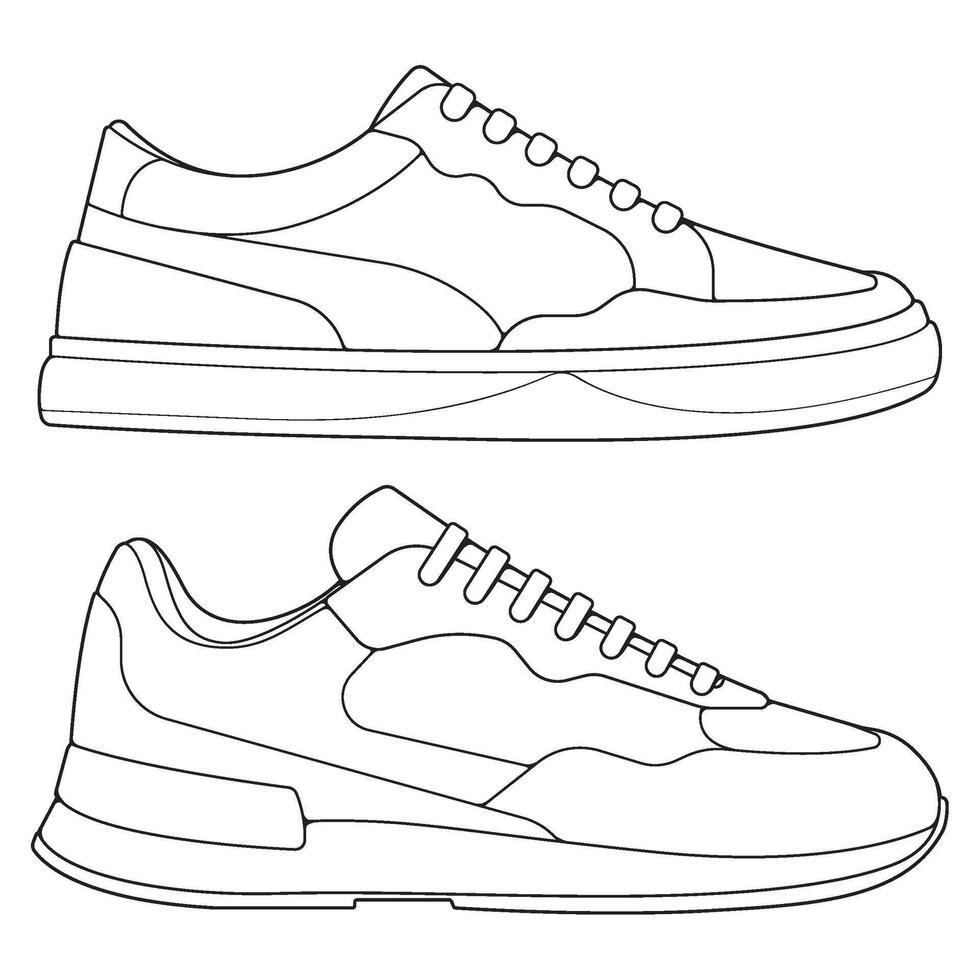 set of outline Cool Sneakers. Shoes sneaker outline drawing , Sneakers drawn in a sketch style, sneaker trainers template outline, Set Collection. Illustration. vector