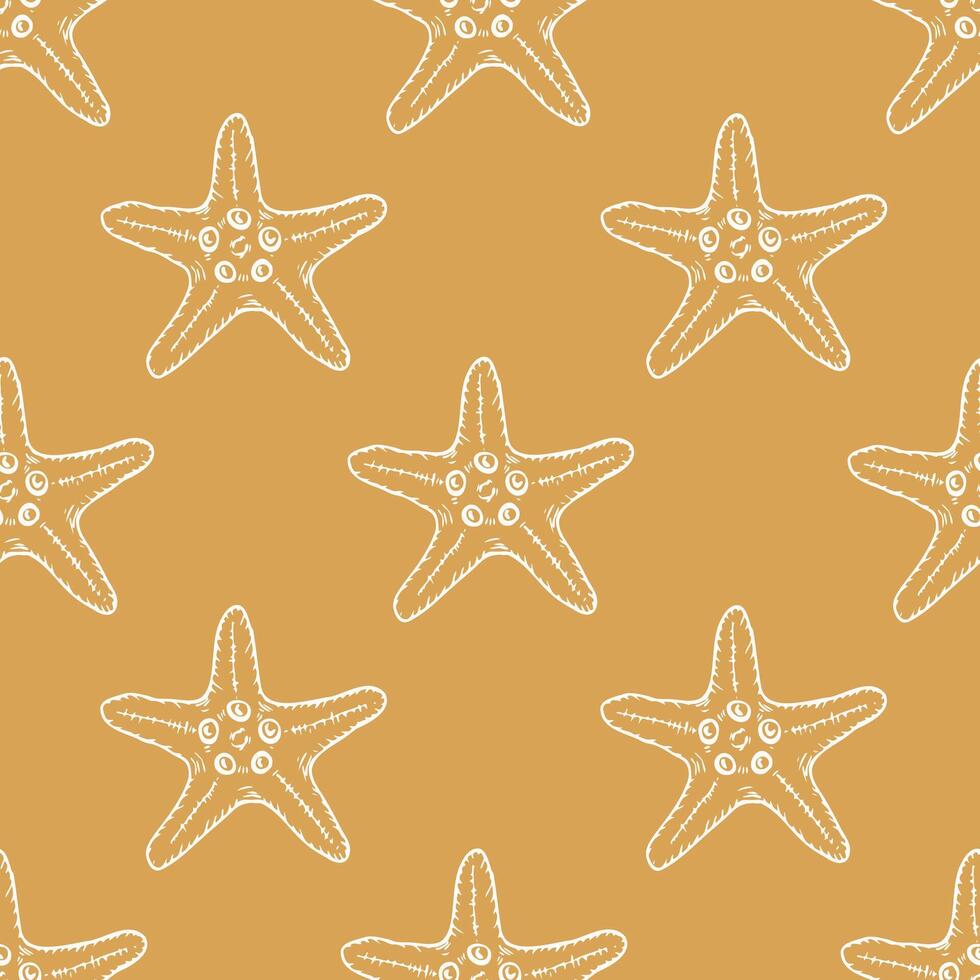 Seashells seamless pattern with starfish line art illustration on yellow background. Hand drawn sea star sketch, undersea drawing. Summer ocean beach print for background, textile, fabric, wrapping vector