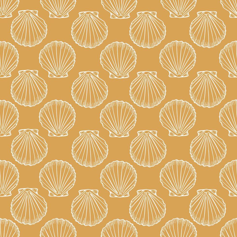 Underwater seamless pattern with seashell line art illustration in white color on yellow background. Scallop sketch, seashell line drawing. Summer beach ocean print for background, textile, fabric vector