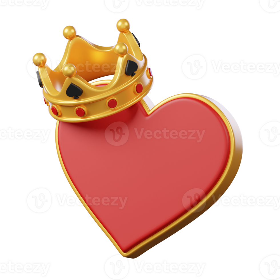 Hearts poker symbol with crown isolated. Casino and gambling icon. 3D illustration png
