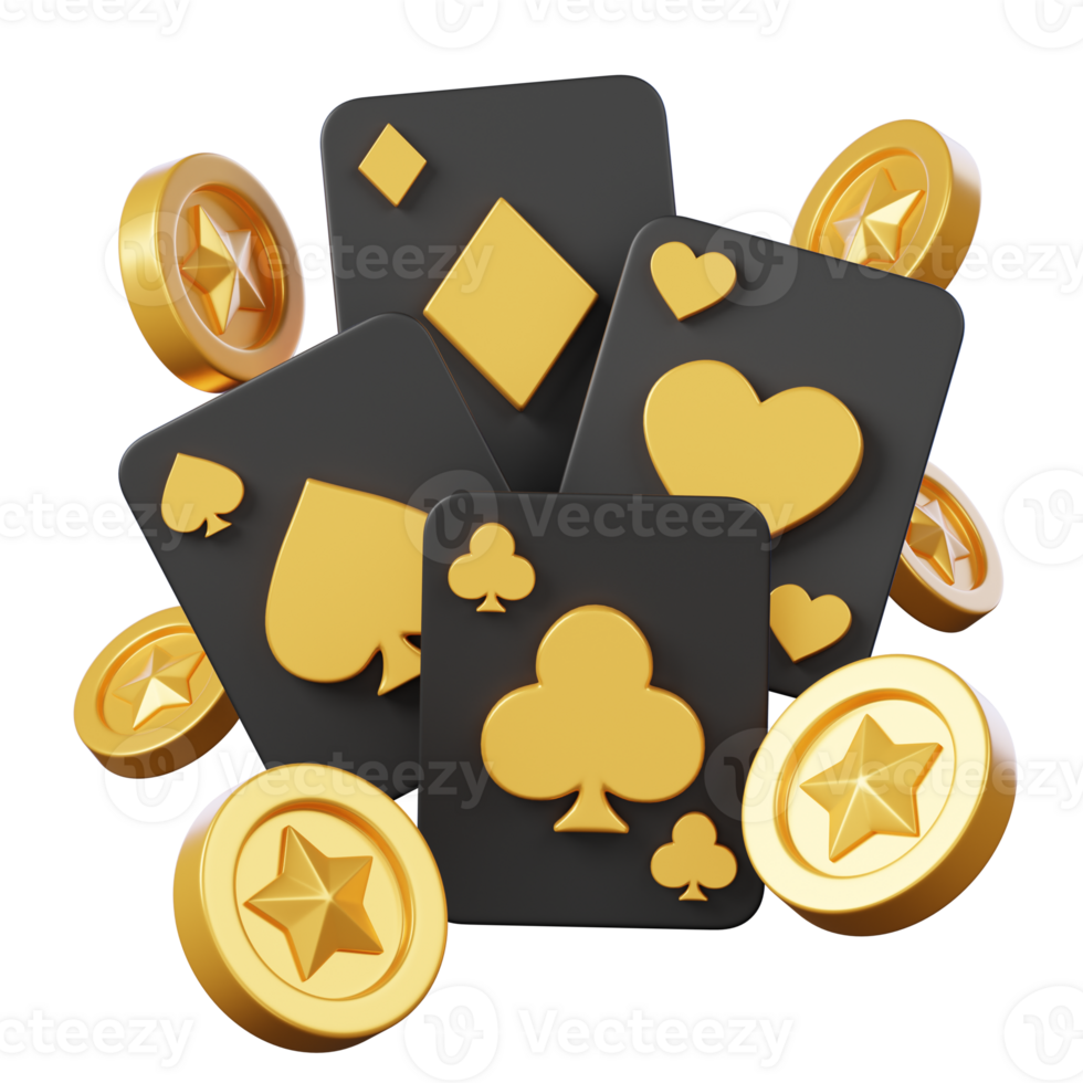 Floating poker playing cards with gold coins isolated. Casino and gambling icon. 3D illustration png