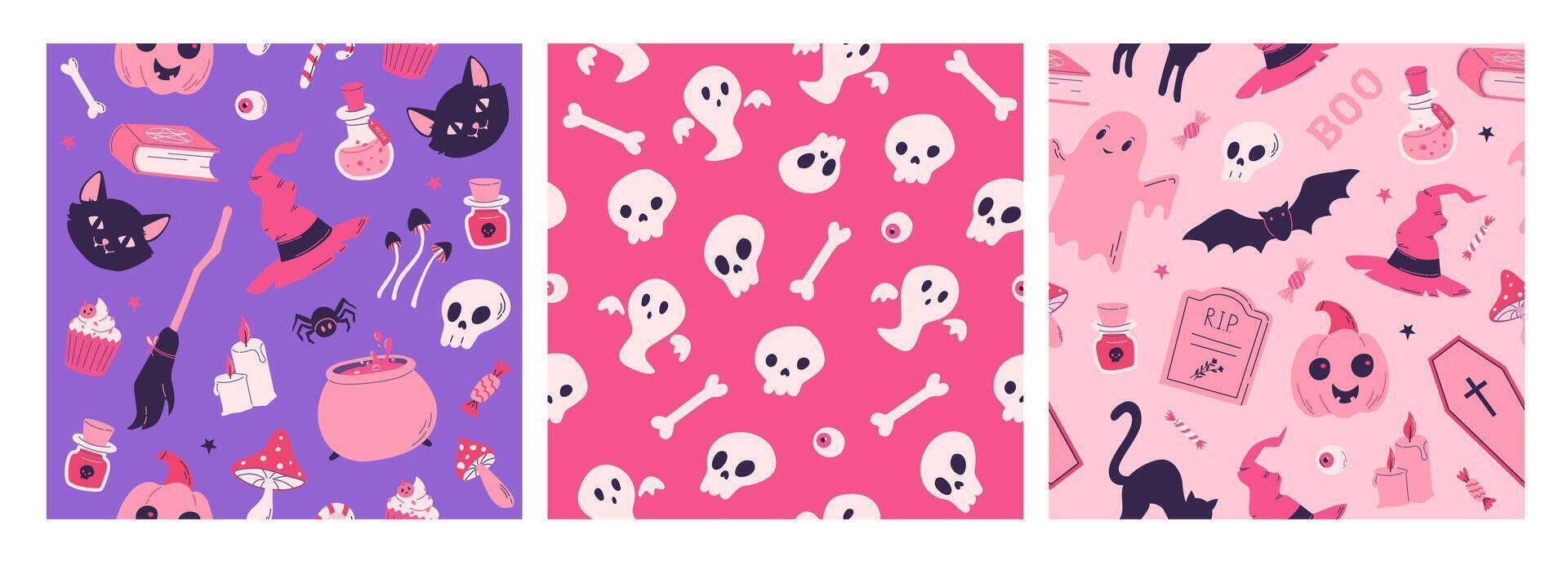 Set of Halloween seamless pattern with sweets, ghost, bones, skull, witch hat, black cat and pumpkin. illustration vector