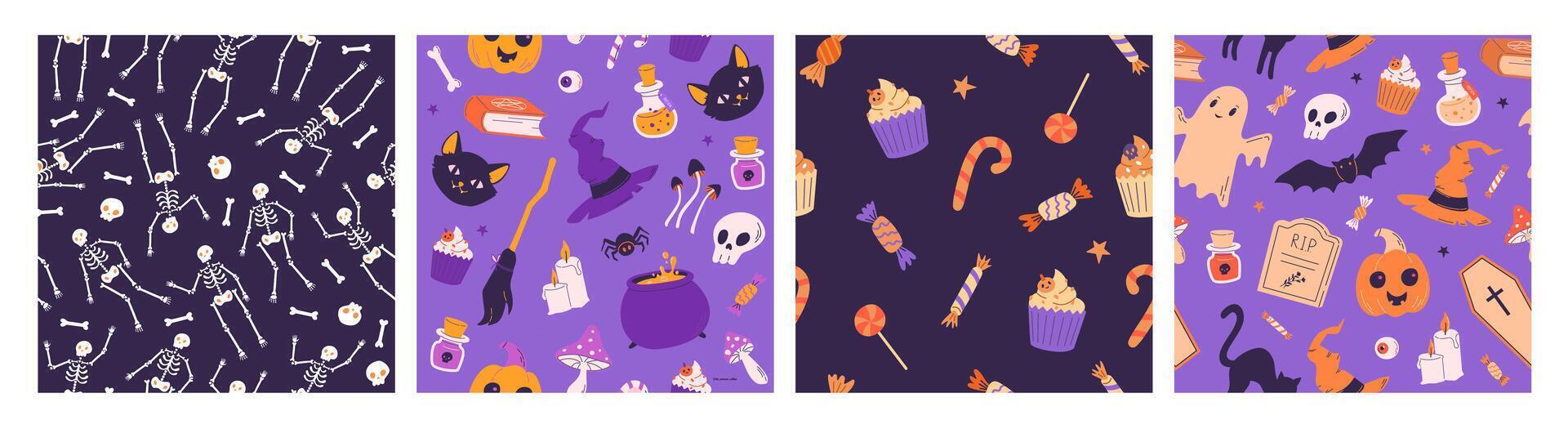 Set of Halloween seamless pattern with candy, sweets, ghost, bones, skull, witch hat and pumpkin. Trick or treat. vector