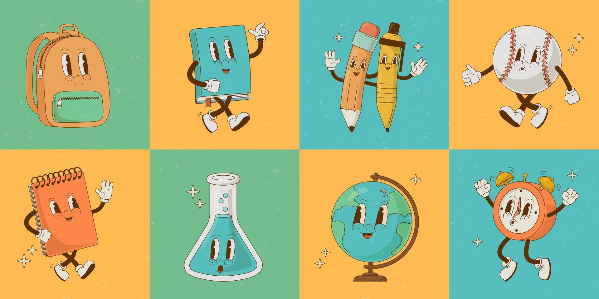 Back to school. Retro cartoon education characters. Stationery, book, ball, clock, backpack, globe, supply, chemistry illustration. Nostalgia 70s, 80s vector
