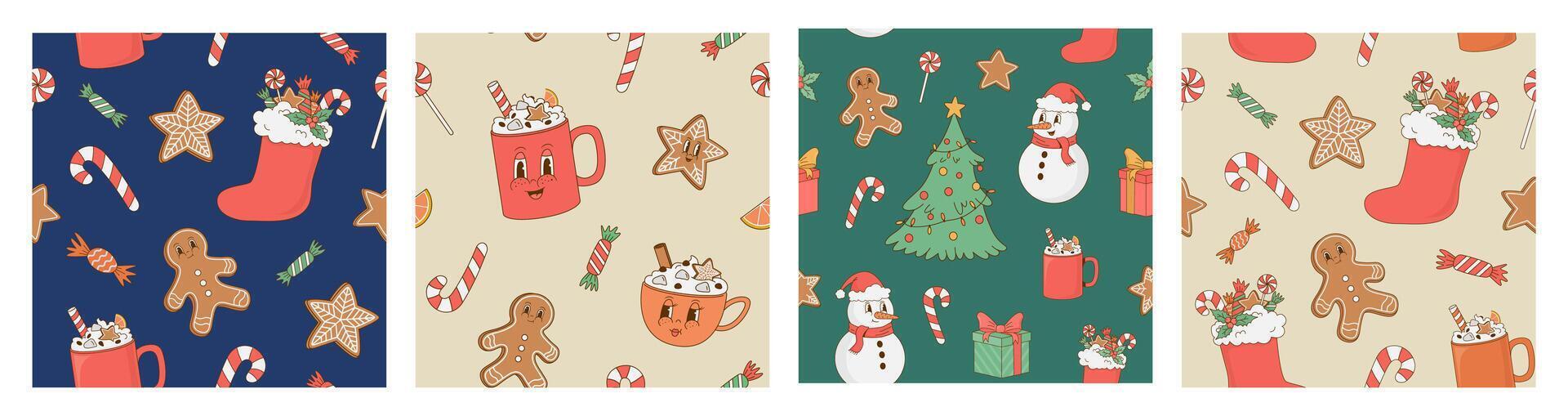 Set of retro cartoon Christmas seamless pattern. Xmas tree, snowman, sweets, gift, coffee cup. Perfect for decoration, wrapping paper, print vector