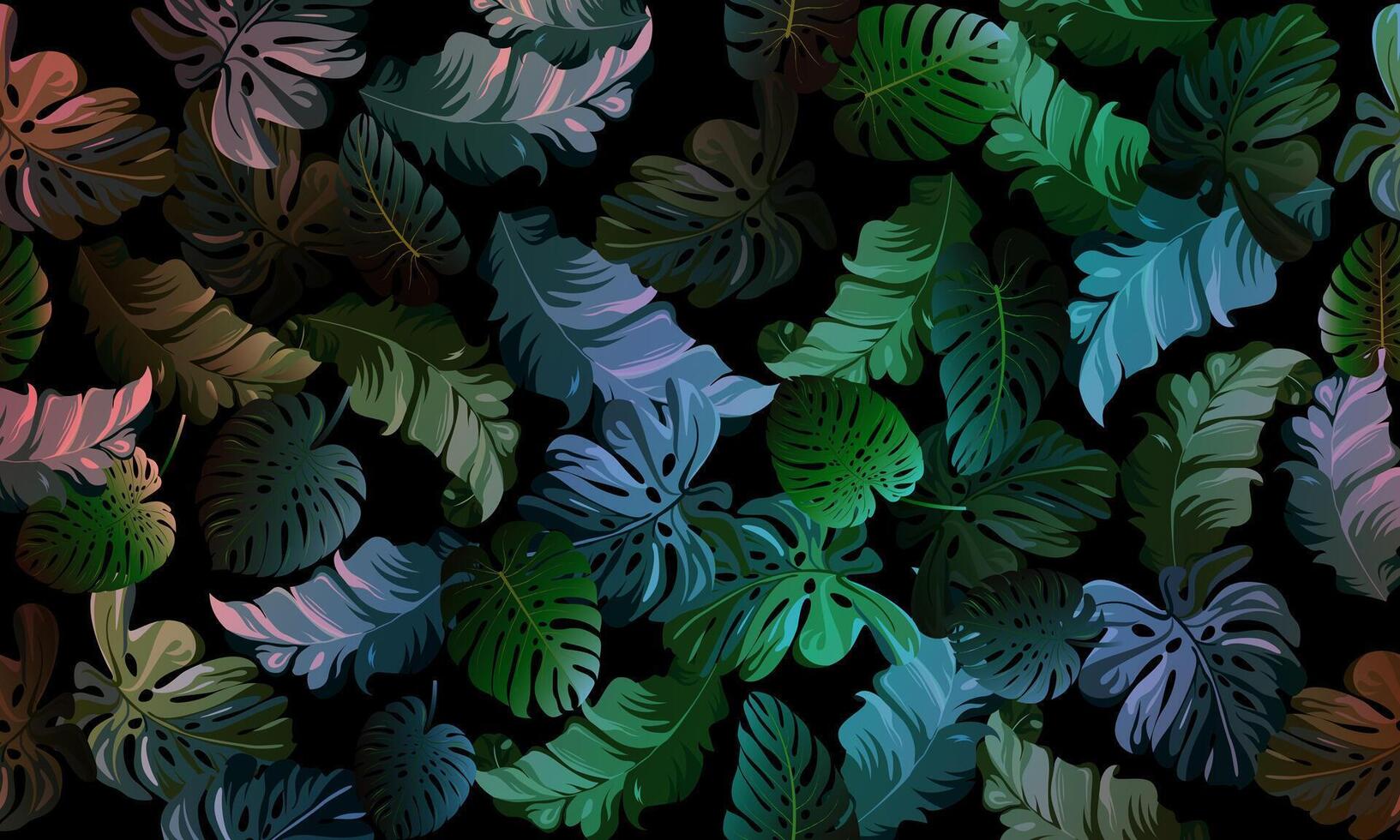 Tropical dark green palm leaves seamless pattern black background. colorful floral. vector