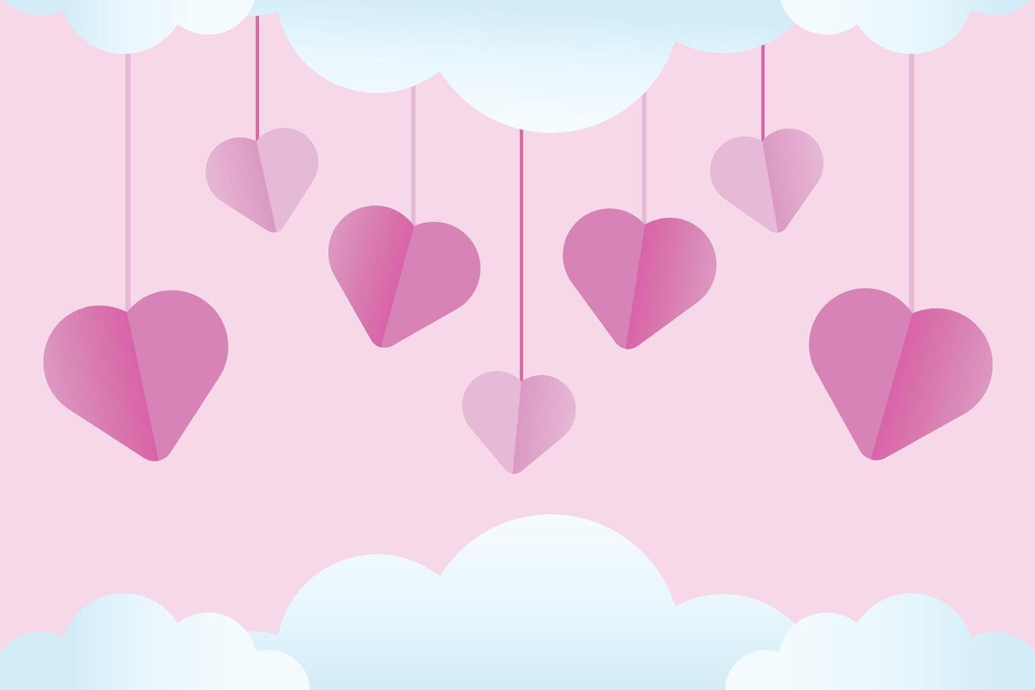 Pink Sky with Pink Paper Cut Hearts and Blue Clouds Background vector