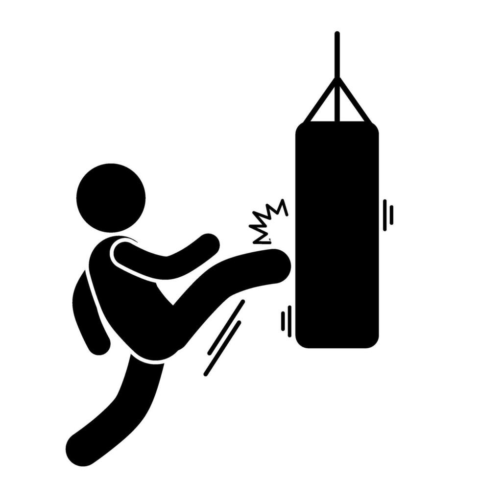 illustration of a flat stick figure character hitting and kicking a punching bag vector