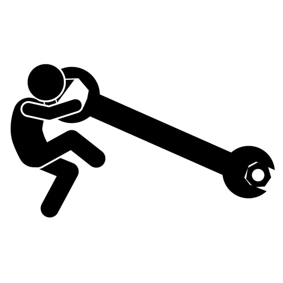 stick figure illustration of unscrewing a screw with a wrench vector