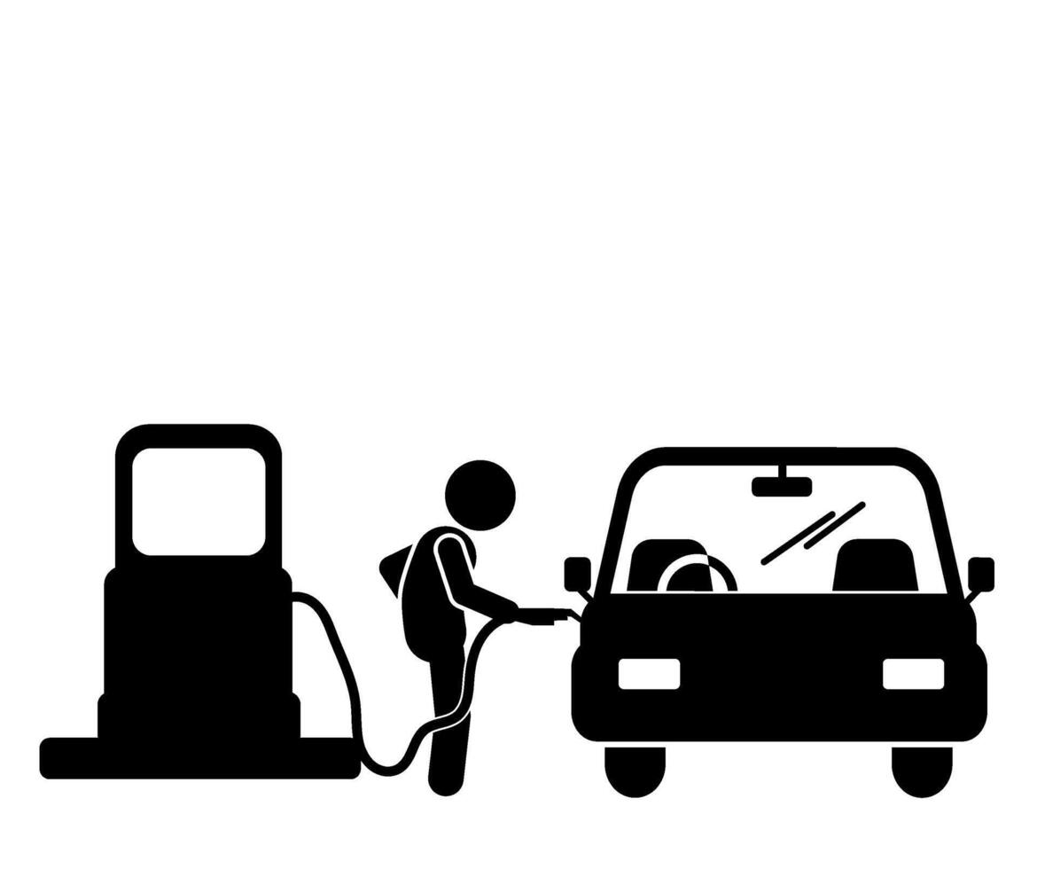 stick figure icon illustration of refueling a car at a gas station vector