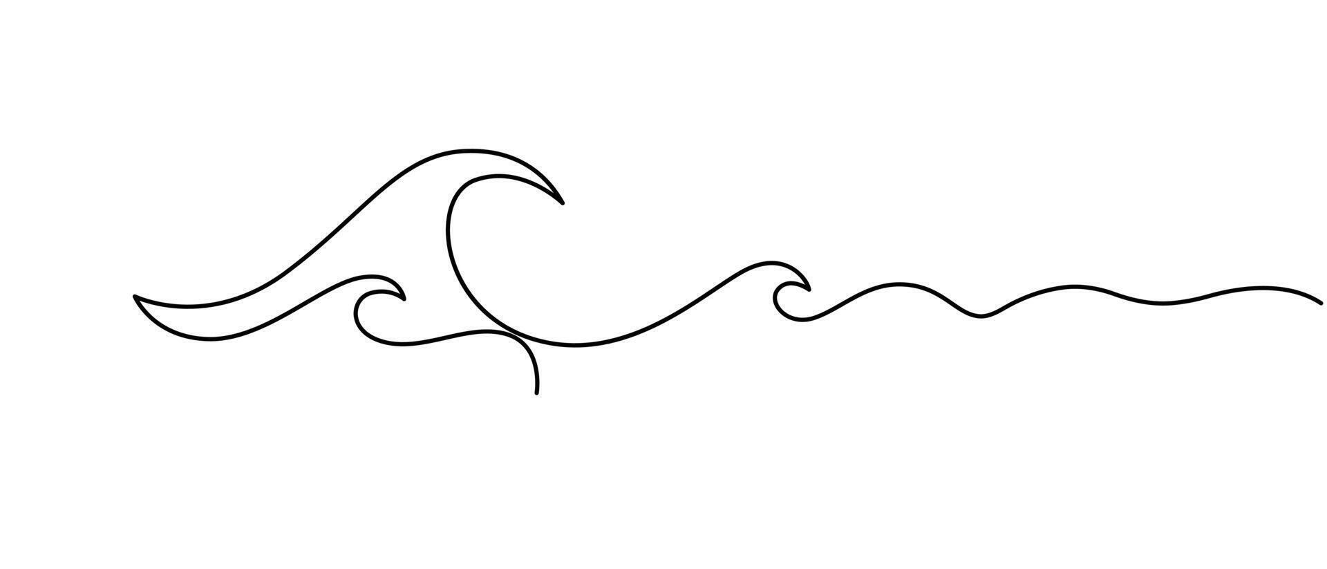 Continuous one line drawing of ocean sea wave outline art illustration, Pro vector