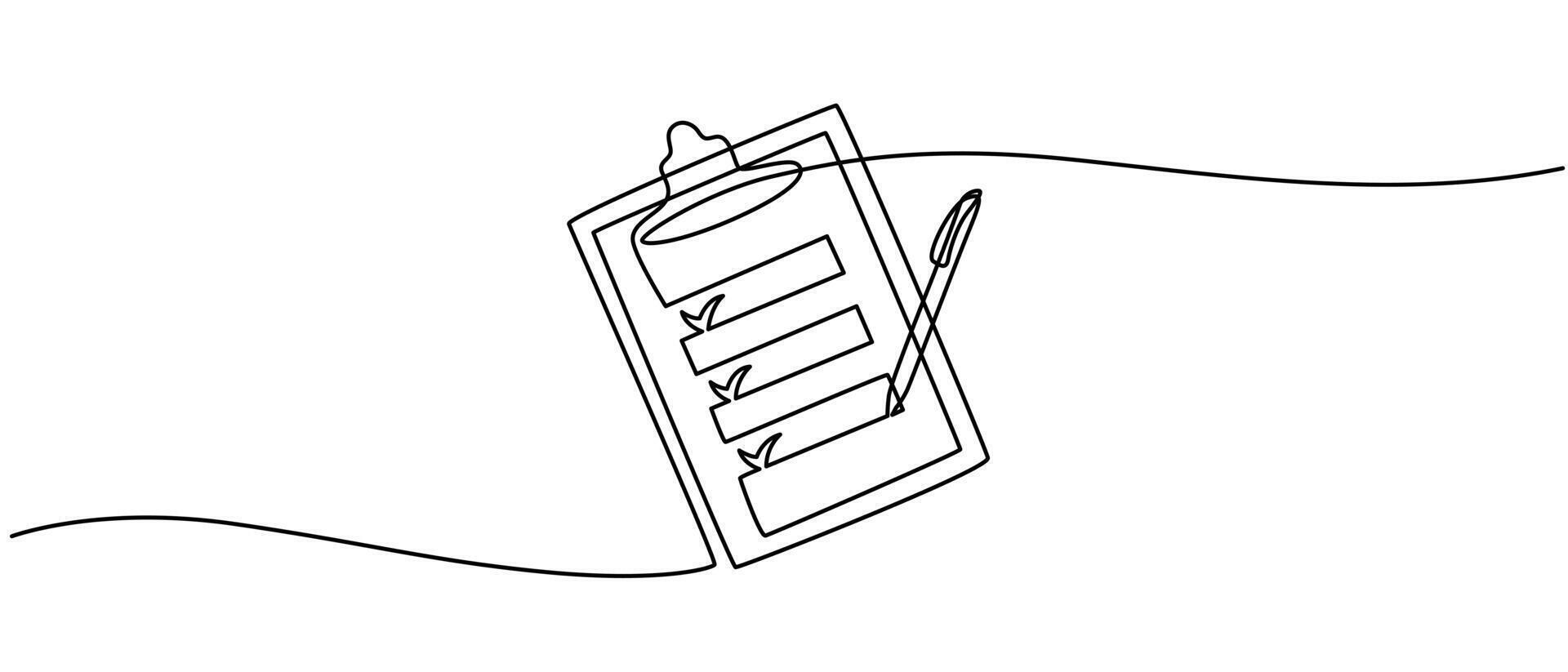 Clipboard with checklist and pen in one continuous line drawing vector