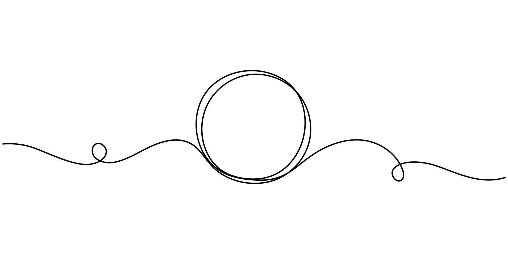 Continuous one line drawing of black circle, Round frame sketch outline on white background vector