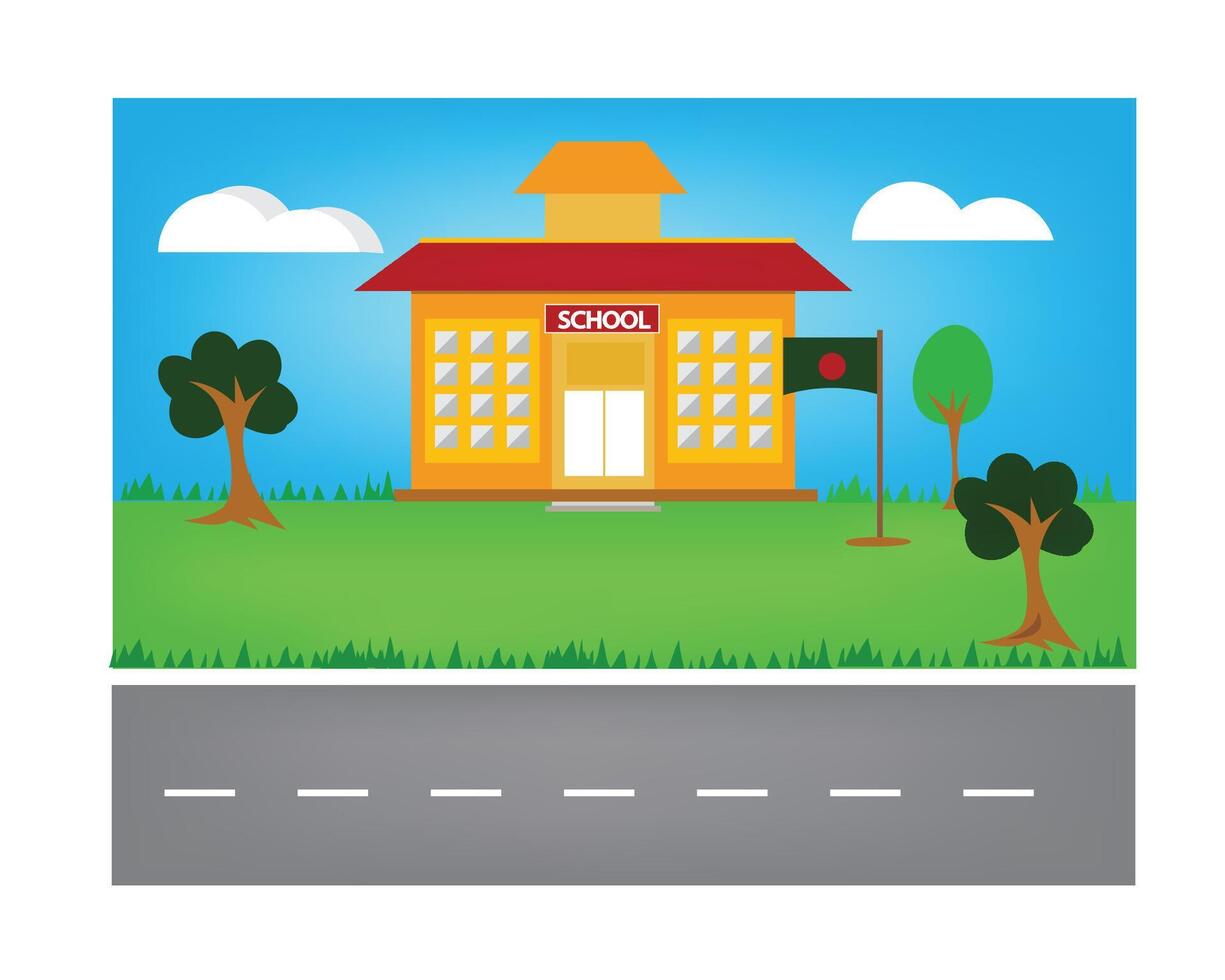 School building and empty front yard with green grass and trees. City on background. vector