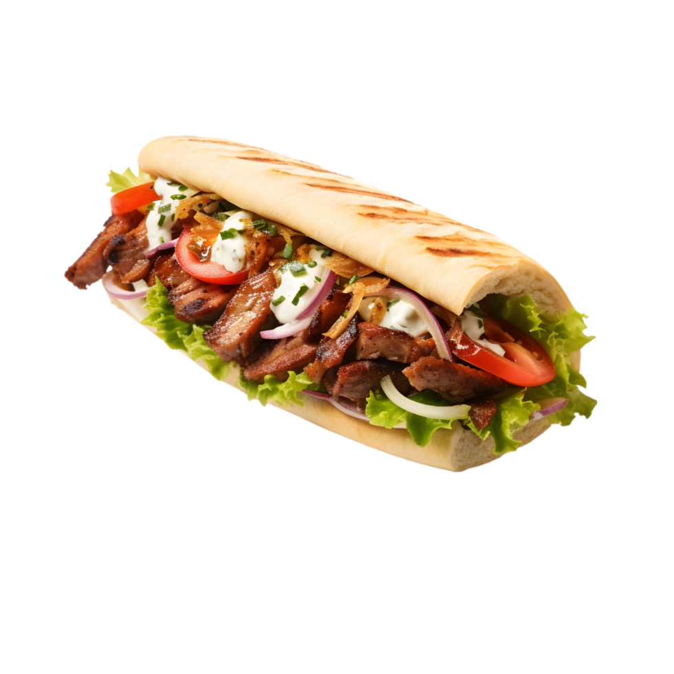 Doner kebab sandwich with beef, lettuce, tomato and sauce on transparent background png
