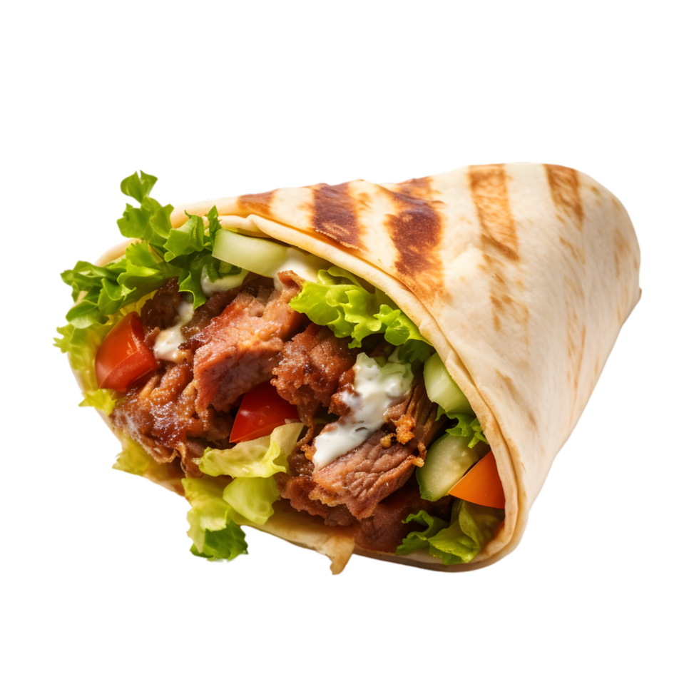 Doner kebab sandwich with beef, lettuce, tomato and sauce on transparent background png