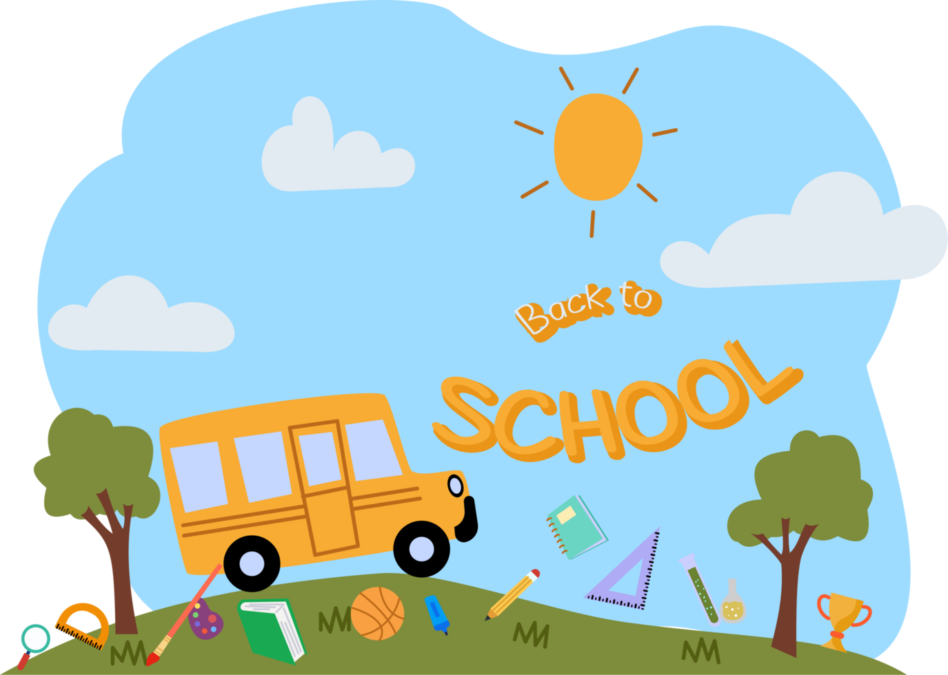 back to school background with illustration of cute cartoon school bus and schools supplies png