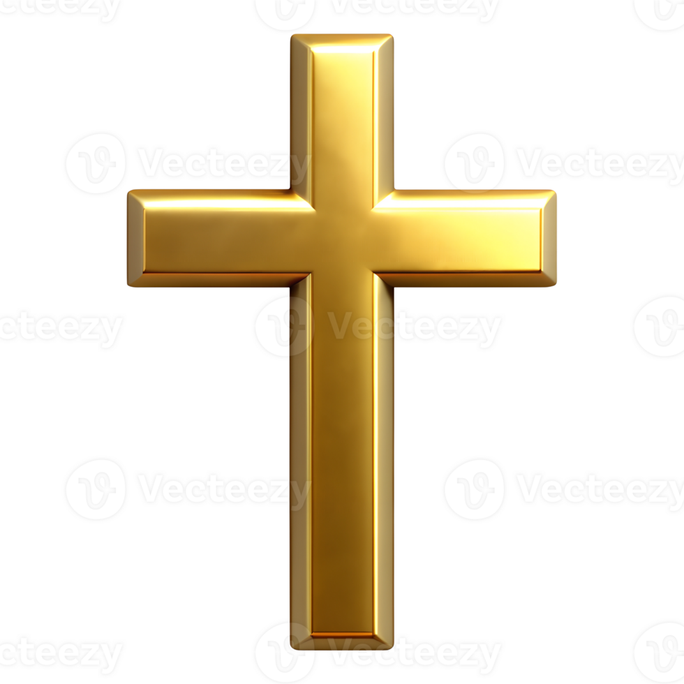 metalic christian cross made of gold isolated on transparent background. High quality photo png