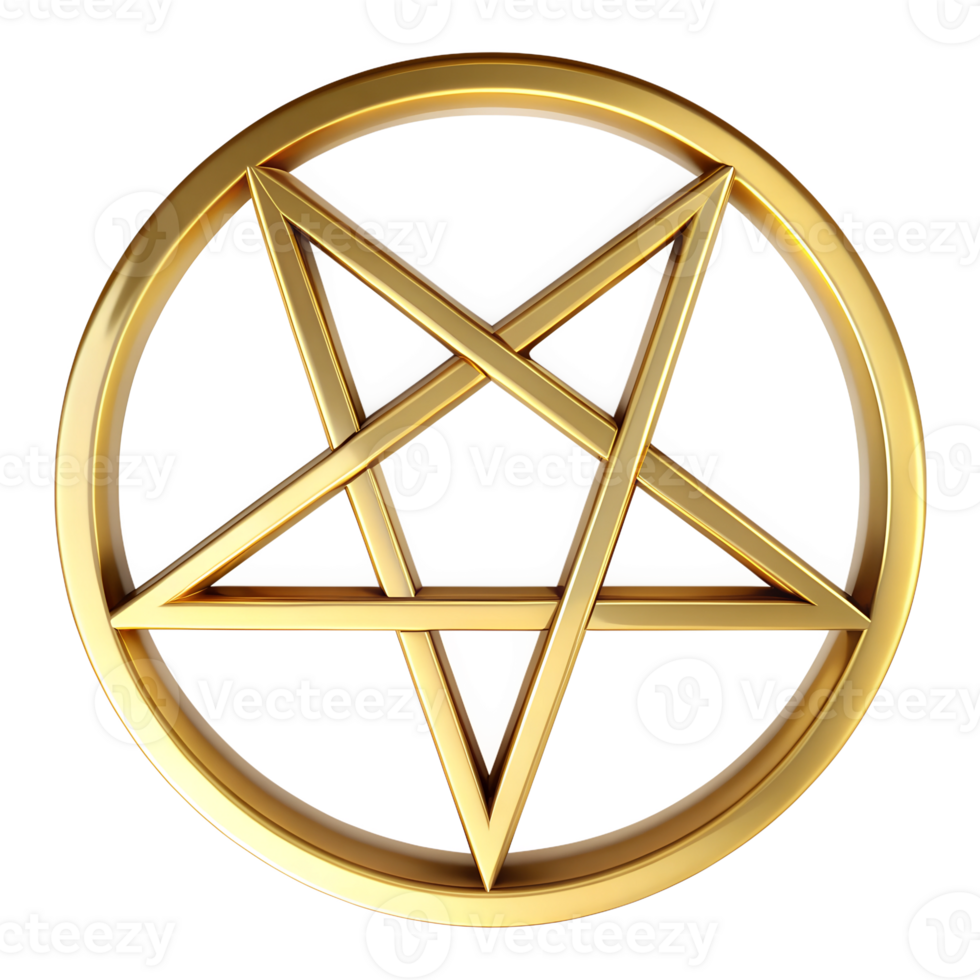 metalic Satanism symbol, pentacle made of gold isolated on transparent background. High quality illustration png