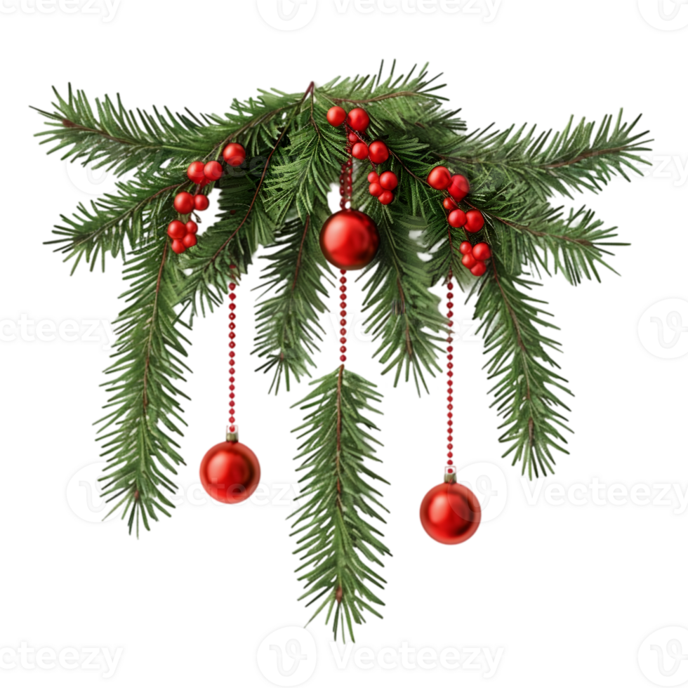 Festive Christmas Arrangement with Pine Twigs and Red Ornaments png