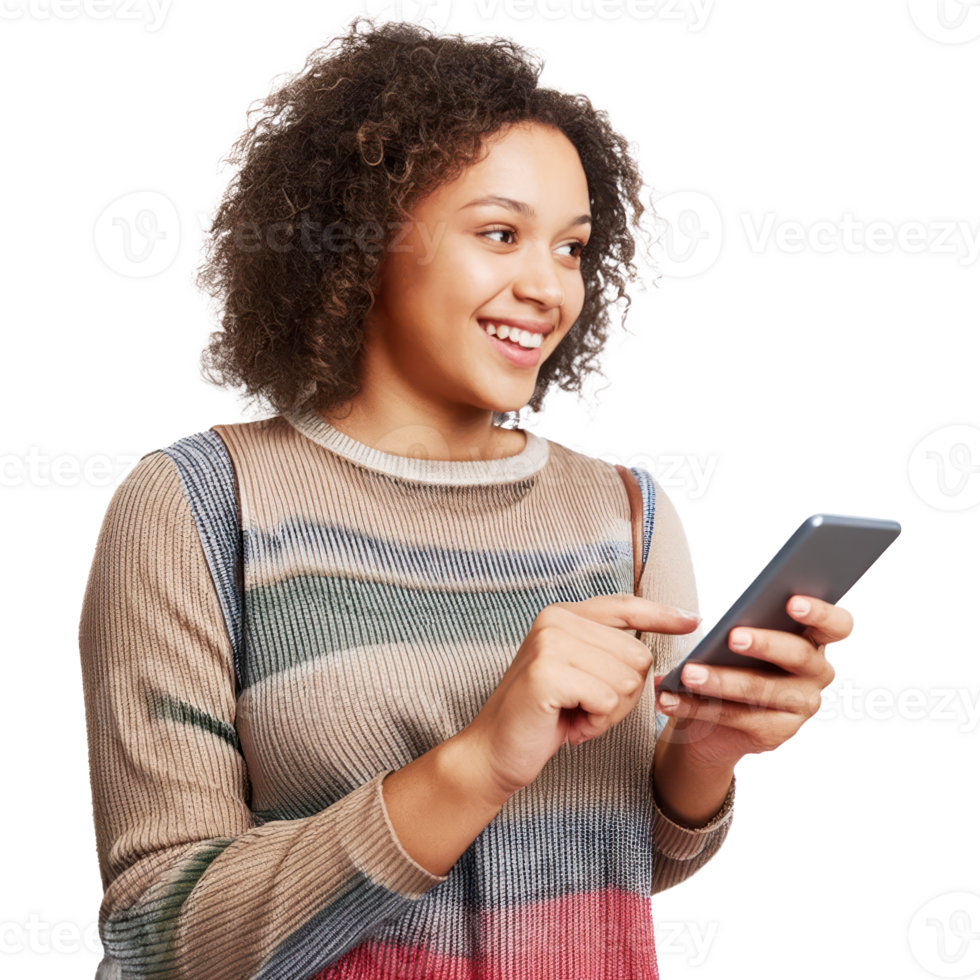 Woman happy smiling and mobile chat in her hand png