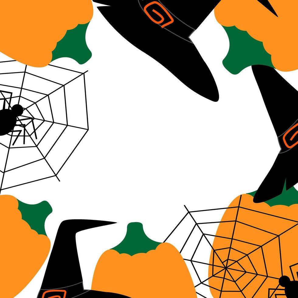 Halloween frame border with witch hats, cobweb, spiders and pumpkins in trendy holiday hues Isolated background texture. Copy space. illustration Cards, posters, banners, brochures, price tag vector