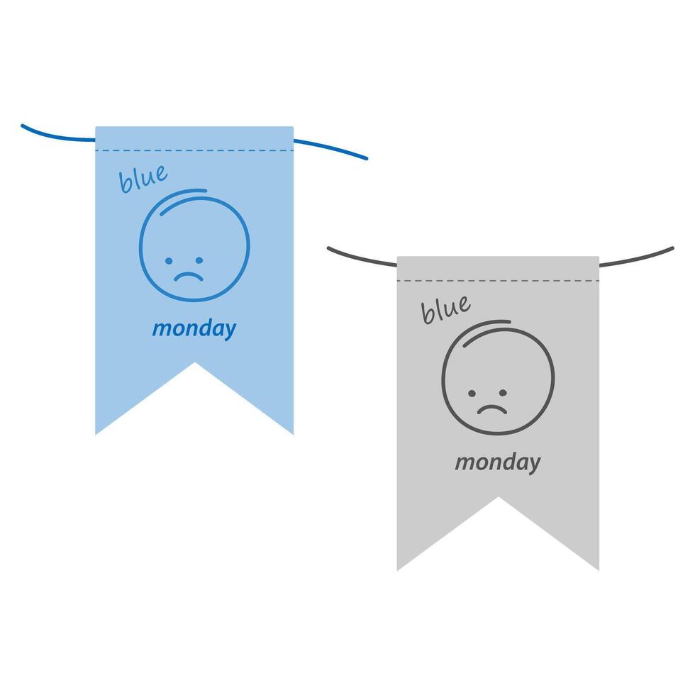 Pennant on a string with sad Emoticon and inscription blue Monday. Set of 2. Greetings design idea. Isolate EPS . Cards, poster, banner, brochure, billboard, price, label promo or web concept vector