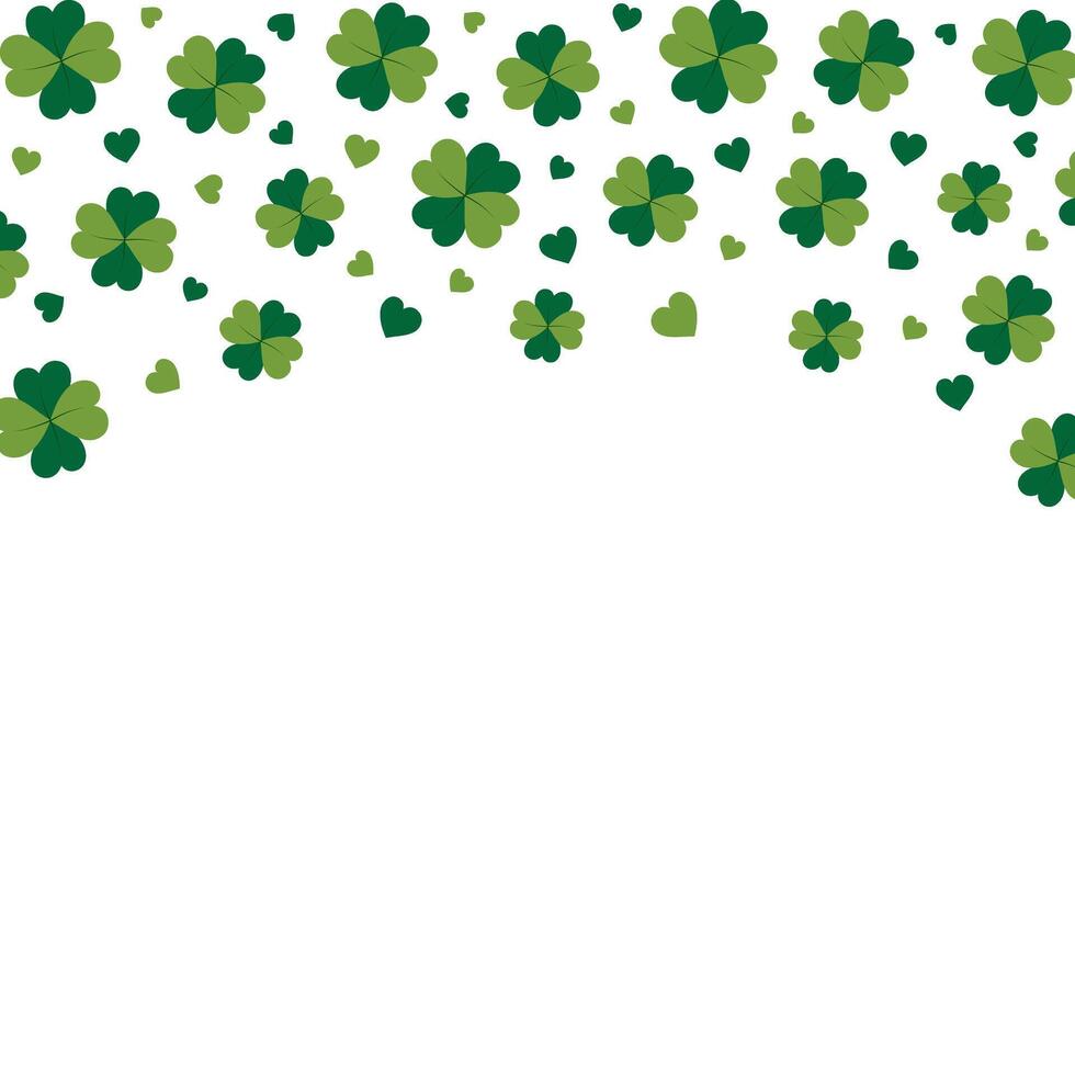 Top border of clover lives with 4 petals and decorative heart shape Isolated on white. Copyspace. Lettering, inscriptions, cards, posters, banner, price tag, label or web, promo design concept vector