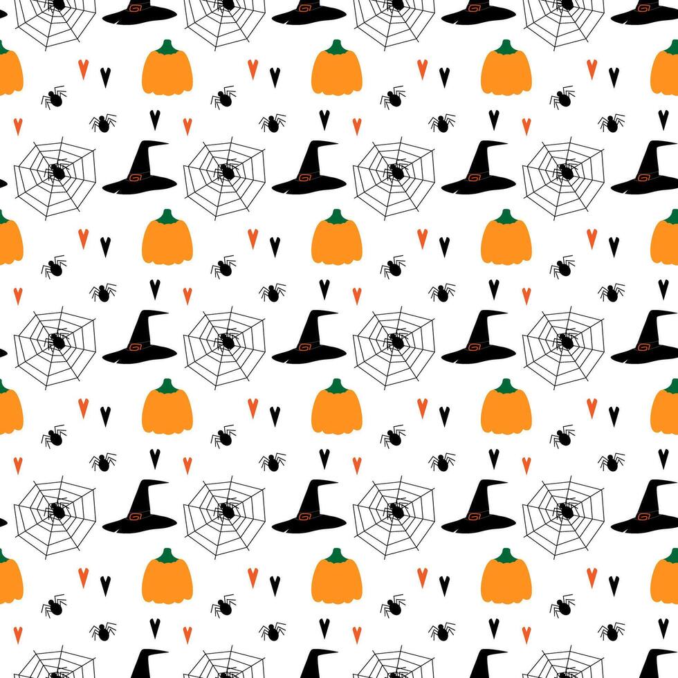 Halloween seamless pattern with pumpkins, cobwebs, spiders and decorative hearts in trendy shades. illustration Isolated on white. Wrapping, wallpaper, packing or web background texture idea vector