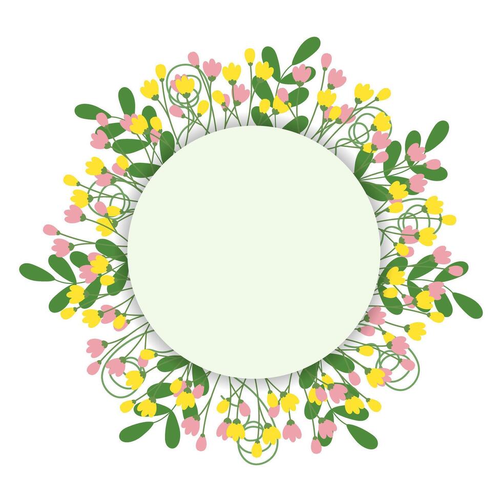 Circle frame with floral spiral branches and decorative blossom twigs in trendy spring hues Isolated on white Copy space. illustration Lettering, cards, posters, greeting cards or web template vector