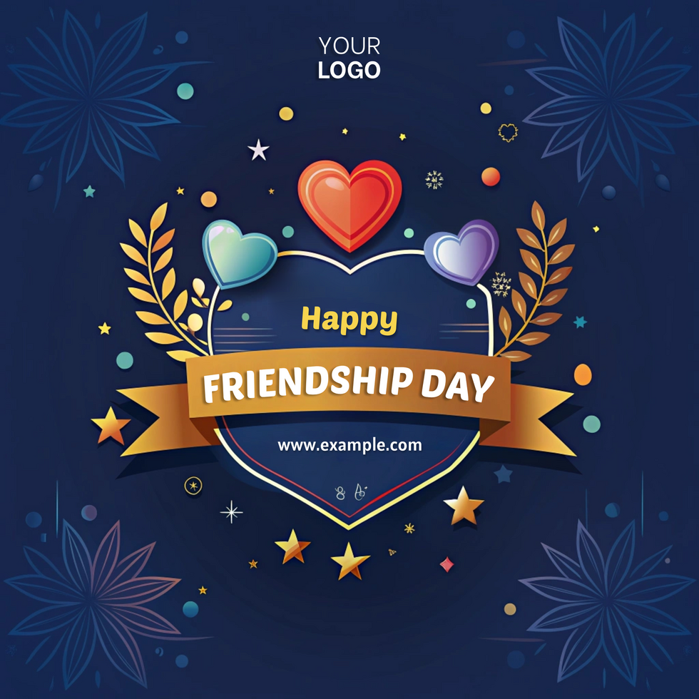 A blue poster with a heart and stars on it that says Happy Friendship Day psd