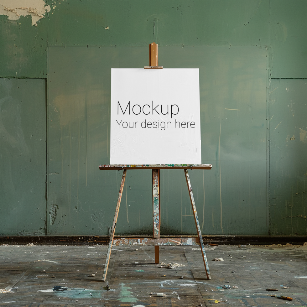 Mockup of a blank canvas on an easel in a grungy room psd