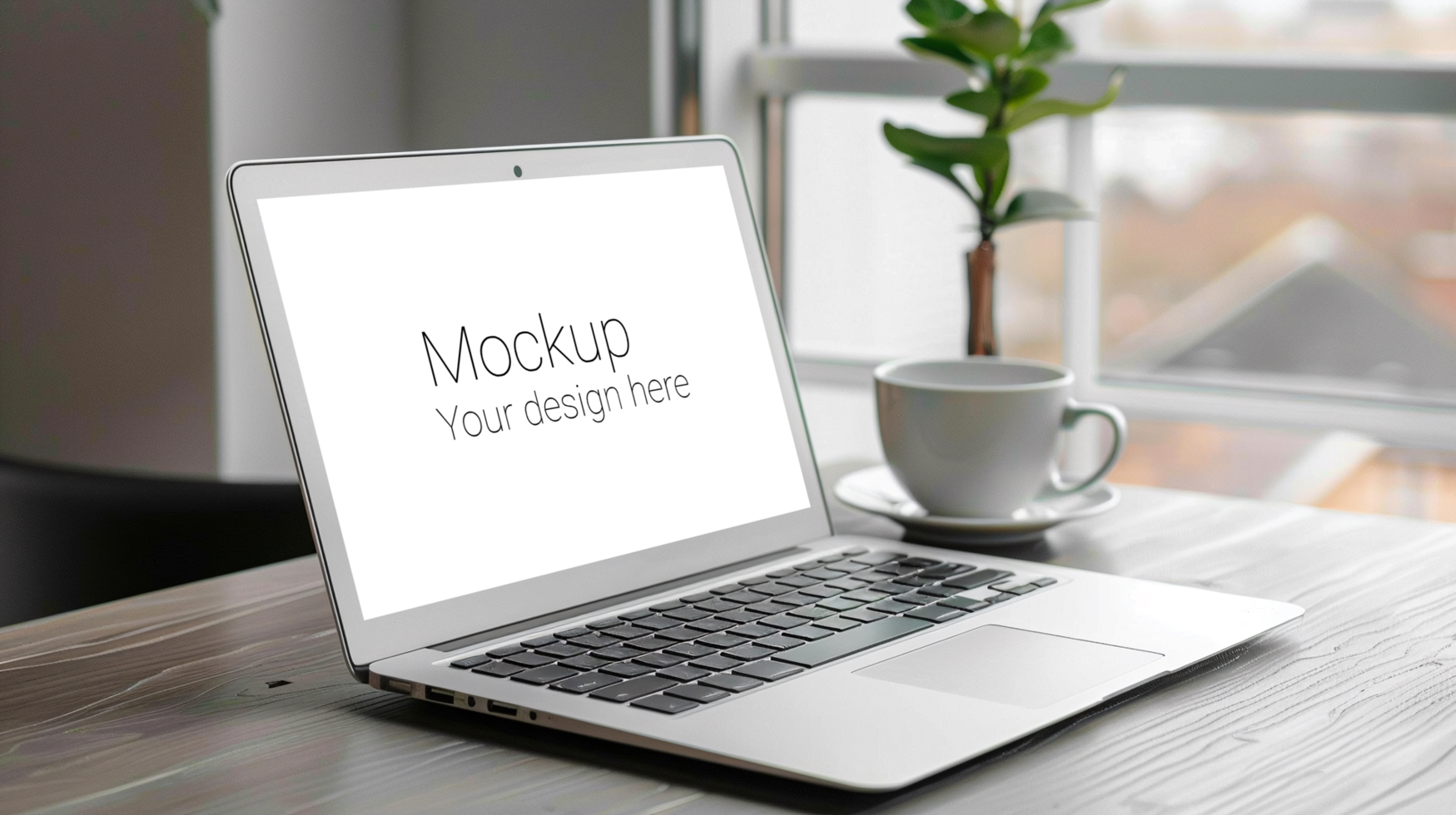 Laptop mockup on wooden table psd